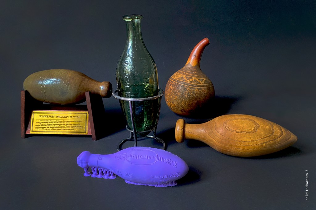 Calabash Peru 1850s. Jacob Schweppe's No. 1, 1830s. Schweppe's blown into the mold 1840s. Handmade by Michael Jones, Manchester, 2020. 3D-print by family members Dr. Lukas & Dr. Lennart Jütte, 2025